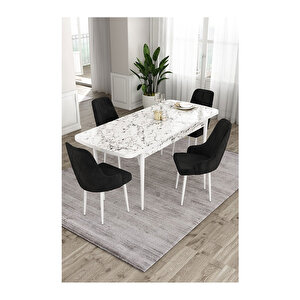 Ram Serisi, 80x132 Açılabilir Beyaz Mermer Desen Mutfak Masası Takımı, 4 Sandalye Siyah
