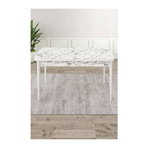 Ram Serisi, 80x132 Açılabilir Beyaz Mermer Desen Mutfak Masası Takımı, 4 Sandalye Siyah