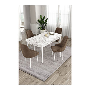 Ram Serisi, 80x132 Açılabilir Beyaz Mermer Desen Mutfak Masası Takımı, 4 Sandalye Kahverengi