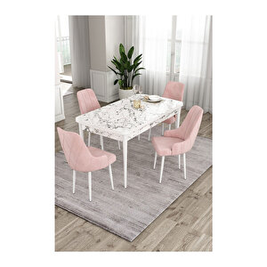 Ram Serisi, 80x132 Açılabilir Beyaz Mermer Desen Mutfak Masası Takımı, 4 Sandalye Pembe