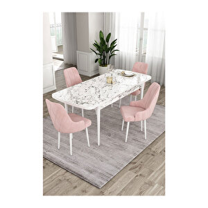Ram Serisi, 80x132 Açılabilir Beyaz Mermer Desen Mutfak Masası Takımı, 4 Sandalye