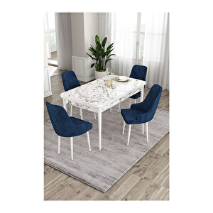 Ram Serisi, 80x132 Açılabilir Beyaz Mermer Desen Mutfak Masası Takımı, 4 Sandalye Lacivert