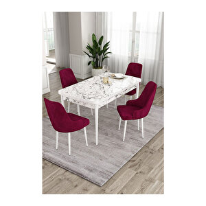 Ram Serisi, 80x132 Açılabilir Beyaz Mermer Desen Mutfak Masası Takımı, 4 Sandalye Mürdüm