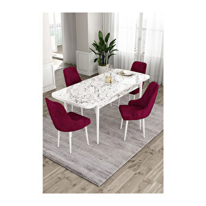 Ram Serisi, 80x132 Açılabilir Beyaz Mermer Desen Mutfak Masası Takımı, 4 Sandalye Mürdüm