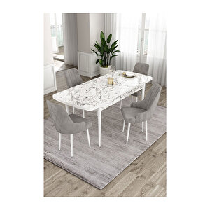 Ram Serisi, 80x132 Açılabilir Beyaz Mermer Desen Mutfak Masası Takımı, 4 Sandalye Gri