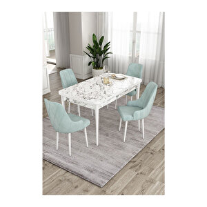 Ram Serisi, 80x132 Açılabilir Beyaz Mermer Desen Mutfak Masası Takımı, 4 Sandalye Su Yeşili