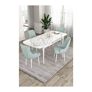 Ram Serisi, 80x132 Açılabilir Beyaz Mermer Desen Mutfak Masası Takımı, 4 Sandalye Su Yeşili