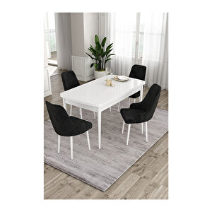 Ram Serisi, 80x132 Açılabilir Beyaz Masa,mutfak Masası Takımı, 4 Sandalye Siyah