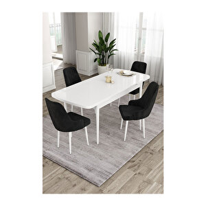 Ram Serisi, 80x132 Açılabilir Beyaz Masa,mutfak Masası Takımı, 4 Sandalye Siyah