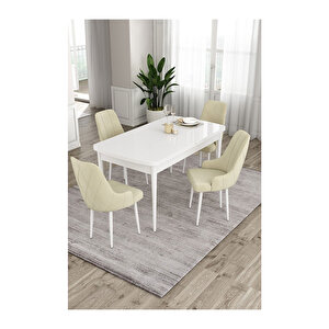 Ram Serisi, 80x132 Açılabilir Beyaz Masa,mutfak Masası Takımı, 4 Sandalye Krem