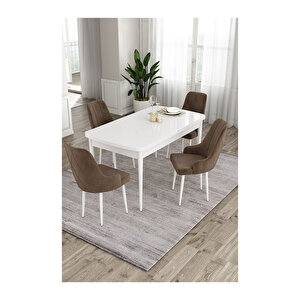 Ram Serisi, 80x132 Açılabilir Beyaz Masa,mutfak Masası Takımı, 4 Sandalye Kahverengi