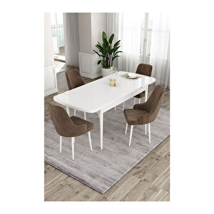 Ram Serisi, 80x132 Açılabilir Beyaz Masa,mutfak Masası Takımı, 4 Sandalye Kahverengi