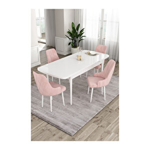 Ram Serisi, 80x132 Açılabilir Beyaz Masa,mutfak Masası Takımı, 4 Sandalye Pembe