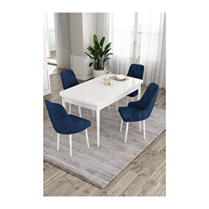 Ram Serisi, 80x132 Açılabilir Beyaz Masa,mutfak Masası Takımı, 4 Sandalye Lacivert