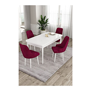Ram Serisi, 80x132 Açılabilir Beyaz Masa,mutfak Masası Takımı, 4 Sandalye Mürdüm