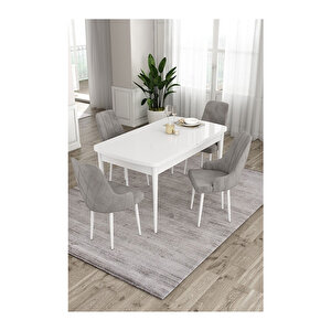 Ram Serisi, 80x132 Açılabilir Beyaz Masa,mutfak Masası Takımı, 4 Sandalye Gri