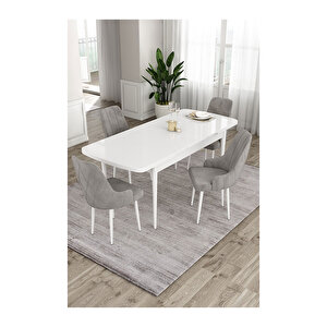 Ram Serisi, 80x132 Açılabilir Beyaz Masa,mutfak Masası Takımı, 4 Sandalye Gri