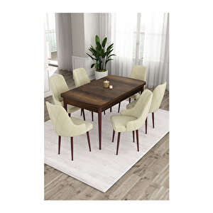 Ram Serisi, 80x132 Açılabilir Barok Ahşap Desen Mutfak Masa Takımı, 6 Sandalye Krem