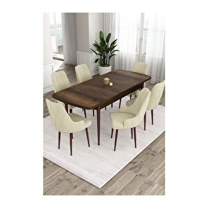 Ram Serisi, 80x132 Açılabilir Barok Ahşap Desen Mutfak Masa Takımı, 6 Sandalye Krem