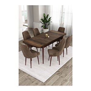 Ram Serisi, 80x132 Açılabilir Barok Ahşap Desen Mutfak Masa Takımı, 6 Sandalye Kahverengi