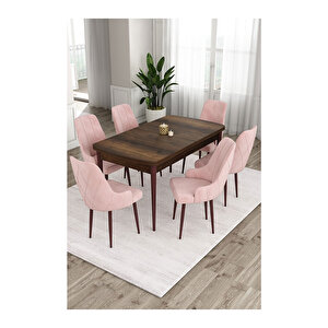 Ram Serisi, 80x132 Açılabilir Barok Ahşap Desen Mutfak Masa Takımı, 6 Sandalye Pembe