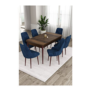 Ram Serisi, 80x132 Açılabilir Barok Ahşap Desen Mutfak Masa Takımı, 6 Sandalye Lacivert