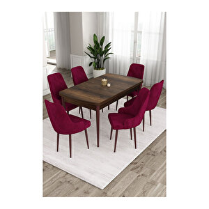 Ram Serisi, 80x132 Açılabilir Barok Ahşap Desen Mutfak Masa Takımı, 6 Sandalye Mürdüm