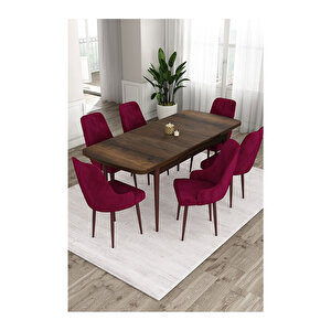Ram Serisi, 80x132 Açılabilir Barok Ahşap Desen Mutfak Masa Takımı, 6 Sandalye Mürdüm