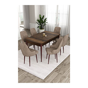 Ram Serisi, 80x132 Açılabilir Barok Ahşap Desen Mutfak Masa Takımı, 6 Sandalye Cappucino