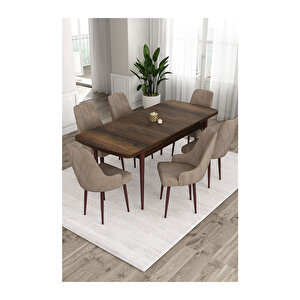 Ram Serisi, 80x132 Açılabilir Barok Ahşap Desen Mutfak Masa Takımı, 6 Sandalye Cappucino