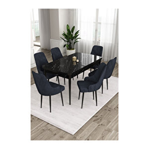 Ram Serisi, 80x132 Açılabilir Siyah Mermer Desen ,mutfak Masası Takımı, 6 Sandalye Antrasit