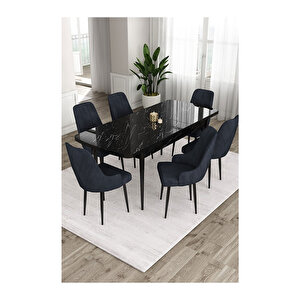 Ram Serisi, 80x132 Açılabilir Siyah Mermer Desen ,mutfak Masası Takımı, 6 Sandalye Antrasit