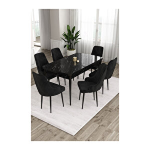Ram Serisi, 80x132 Açılabilir Siyah Mermer Desen ,mutfak Masası Takımı, 6 Sandalye Siyah