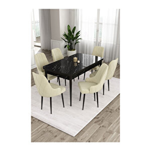 Ram Serisi, 80x132 Açılabilir Siyah Mermer Desen ,mutfak Masası Takımı, 6 Sandalye Krem