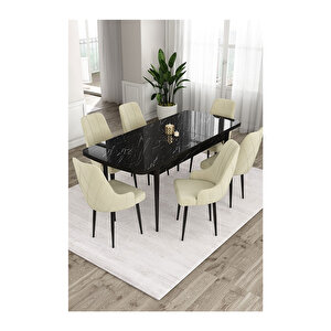 Ram Serisi, 80x132 Açılabilir Siyah Mermer Desen ,mutfak Masası Takımı, 6 Sandalye Krem