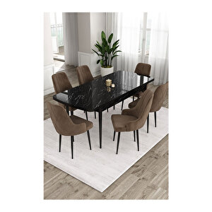 Ram Serisi, 80x132 Açılabilir Siyah Mermer Desen ,mutfak Masası Takımı, 6 Sandalye Kahverengi
