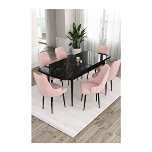 Ram Serisi, 80x132 Açılabilir Siyah Mermer Desen ,mutfak Masası Takımı, 6 Sandalye Pembe