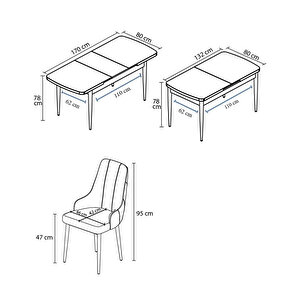 Ram Serisi, 80x132 Açılabilir Siyah Mermer Desen ,mutfak Masası Takımı, 6 Sandalye