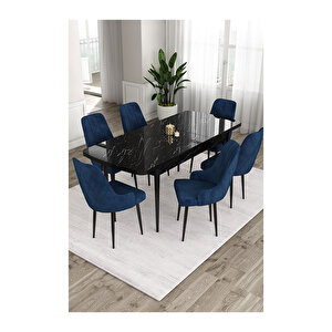 Ram Serisi, 80x132 Açılabilir Siyah Mermer Desen ,mutfak Masası Takımı, 6 Sandalye Lacivert