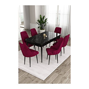 Ram Serisi, 80x132 Açılabilir Siyah Mermer Desen ,mutfak Masası Takımı, 6 Sandalye Mürdüm