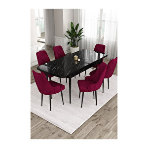 Ram Serisi, 80x132 Açılabilir Siyah Mermer Desen ,mutfak Masası Takımı, 6 Sandalye Mürdüm