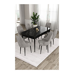 Ram Serisi, 80x132 Açılabilir Siyah Mermer Desen ,mutfak Masası Takımı, 6 Sandalye Gri
