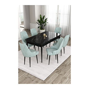 Ram Serisi, 80x132 Açılabilir Siyah Mermer Desen ,mutfak Masası Takımı, 6 Sandalye Su Yeşili