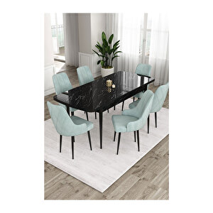 Ram Serisi, 80x132 Açılabilir Siyah Mermer Desen ,mutfak Masası Takımı, 6 Sandalye Su Yeşili