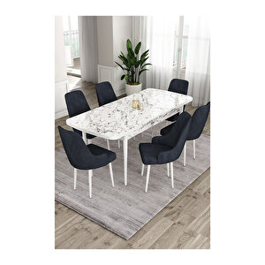 Ram Serisi, 80x132 Açılabilir Beyaz Mermer Desen ,mutfak Masası Takımı, 6 Sandalye Antrasit