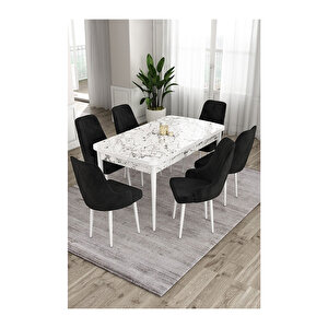 Ram Serisi, 80x132 Açılabilir Beyaz Mermer Desen ,mutfak Masası Takımı, 6 Sandalye Siyah