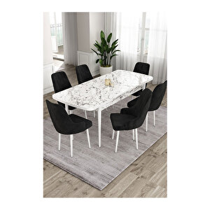 Ram Serisi, 80x132 Açılabilir Beyaz Mermer Desen ,mutfak Masası Takımı, 6 Sandalye Siyah