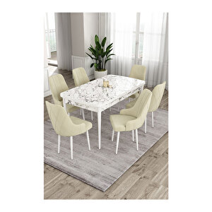 Ram Serisi, 80x132 Açılabilir Beyaz Mermer Desen ,mutfak Masası Takımı, 6 Sandalye Krem