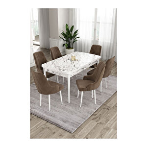 Ram Serisi, 80x132 Açılabilir Beyaz Mermer Desen ,mutfak Masası Takımı, 6 Sandalye Kahverengi