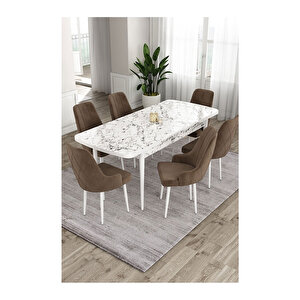 Ram Serisi, 80x132 Açılabilir Beyaz Mermer Desen ,mutfak Masası Takımı, 6 Sandalye Kahverengi